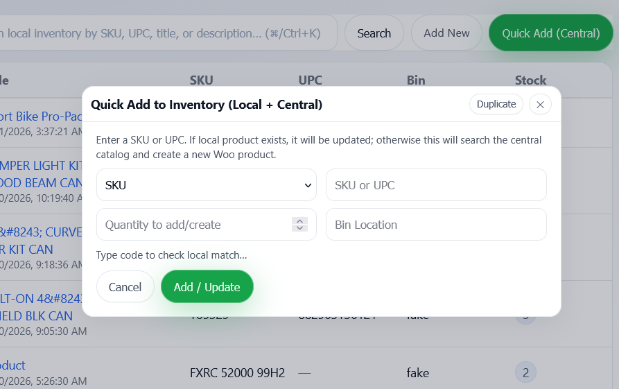 Shopwerks inventory quick add screen