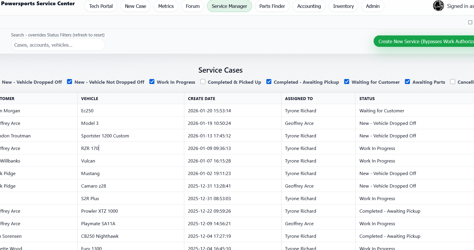 Shopwerks service case management screen